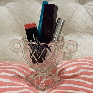 O6-Vintage Clear Cut Glass Double Handled Sugar, Spooner, Vessel, Trinket Dish